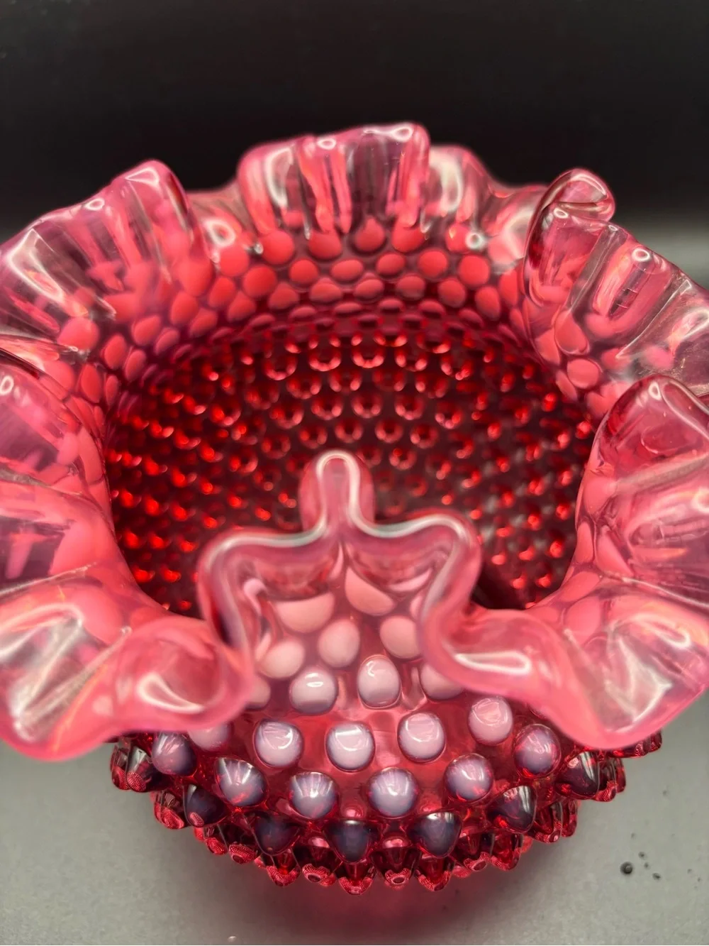Venton Hobnail Ruffled Cranberry Glass Vase